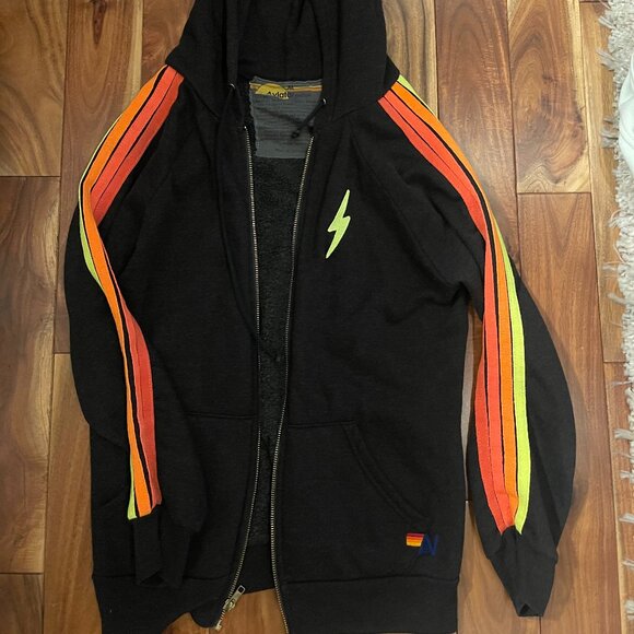 Aviator Nation 4 Stripe Bolt Zip Hoodie in Black/Neon I Size Medium - Picture 1 of 3